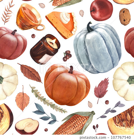 Watercolor pattern pumpkins, pumpkin pie, autumn leaves, apple and Thanksgiving Day objects. Hand-drawn illustration isolated on white background. Perfect for menu, card, frame 107767540