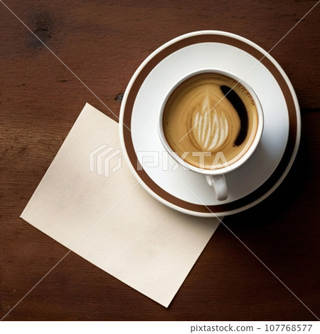 Coffee in a white cup on a saucer stands on a wooden table. Space for text 107768577