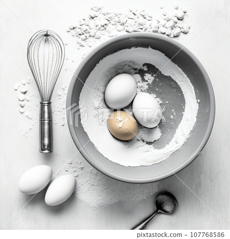white eggs in a bowl with flour, whisk in flour on the table making a pie white eggs in a bowl with flour, whisk in flour on the table making a pie 107768586