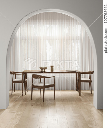 Modern minimal style wooden interior with window, arch and dining table background. Nature design. 3d rendering. High quality 3d illustration 107768631