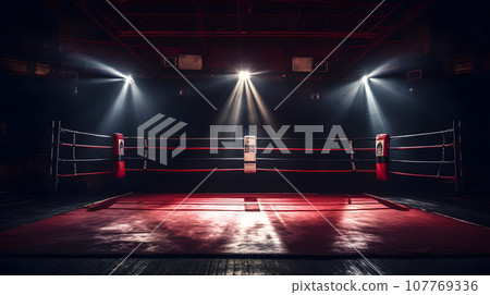 Epic empty boxing ring in the spotlight on the fight night. Generative AI Epic empty boxing ring in the spotlight on the fight night. Generative AI 107769336