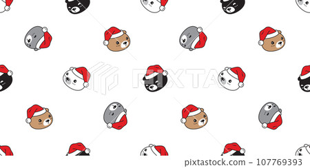 bear polar seamless pattern Christmas Santa Claus hat head face smile vector pet doodle cartoon extreme sport gift wrapping paper tile background repeat wallpaper illustration scarf isolated design 107769393