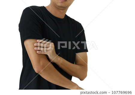 Closeup man's arm. Arm pain and injury with white space background. Closeup man's arm. Arm pain and injury with white space background. 107769696