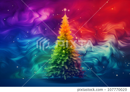 christmas tree rainbow colors at night polar lights snowstorm 107770020