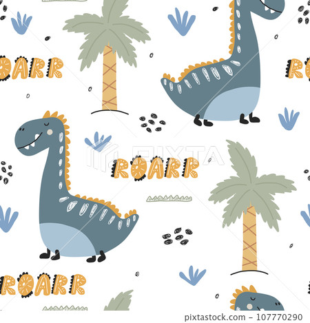 Childish seamless pattern with hand drawn dinosaurs. Creative vector kids background for fabric, textile, wallpaper. 107770290