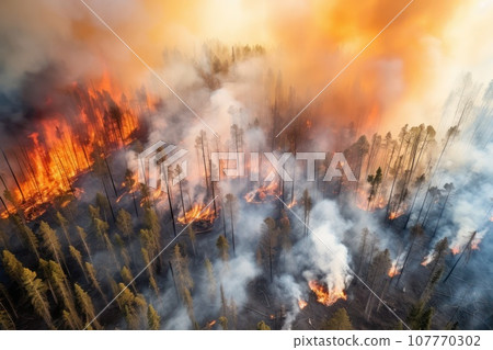 Aerial view of a forest fire. Aerial view of a forest fire. 107770302
