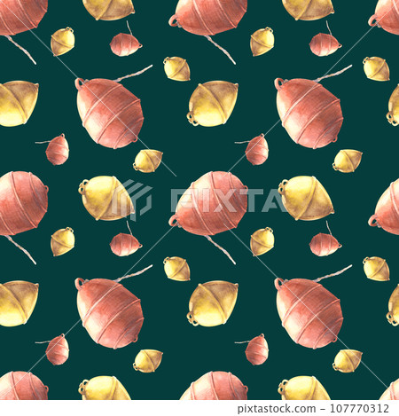 Watercolor sea red and yellow buoys seamless pattern. Hand painted maritime illustration, isolated on dark background Nautical repeating design for textile, packaging, wallpaper, scrapbooking, print 107770312