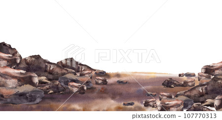 Sandy sea shore with stones. Ocean beach. Maritime banner Watercolor illustration hand drawn isolated on white background. Landscape detail for your design card, flyer, poster, travel booklet, print 107770313
