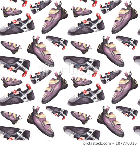 Climbing boulder shoes, different colours and sizes, seamless pattern. Sport equipment Watercolor illustration hand draw isolated on white background Repeating design for wrapping, wallpaper, printing 107770316