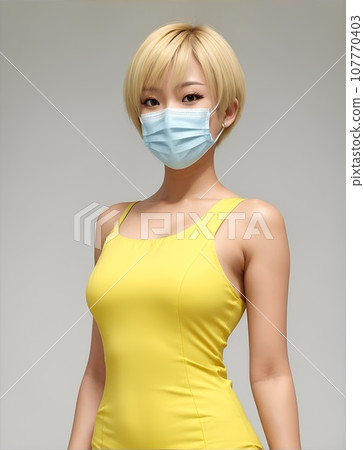 A short-cut woman wearing a mask and wearing sleeveless clothes 107770403