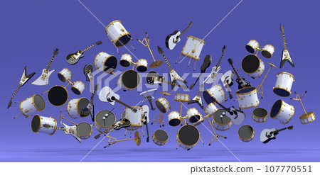 Many of flying acoustic guitars, drums with metal cymbals or drumset on violet Many of flying acoustic guitars, drums with metal cymbals or drumset on violet 107770551