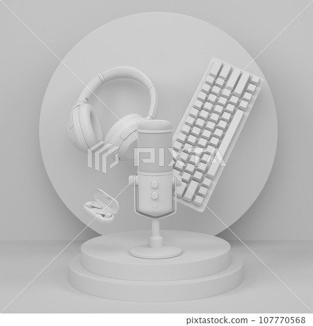 Set of video game microphone, keyboard and headphones on monochrome podium 107770568