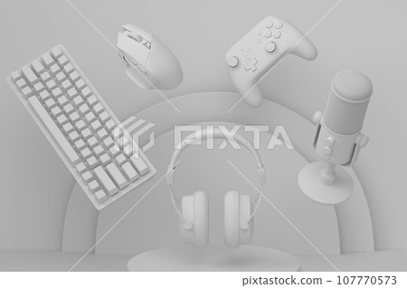 Set of video game joystick, microphone and headphones on monochrome podium Set of video game joystick, microphone and headphones on monochrome podium 107770573