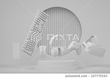 Set of video game joystick, VR glasses and headphones on monochrome podium Set of video game joystick, VR glasses and headphones on monochrome podium 107770583