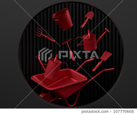 Garden equipment and supply on podium on monochrome background. 107770608