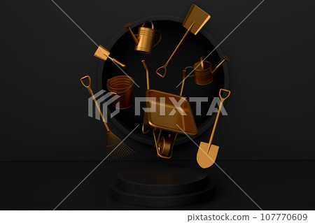 Garden equipment and supply on podium on monochrome background. Garden equipment and supply on podium on monochrome background. 107770609