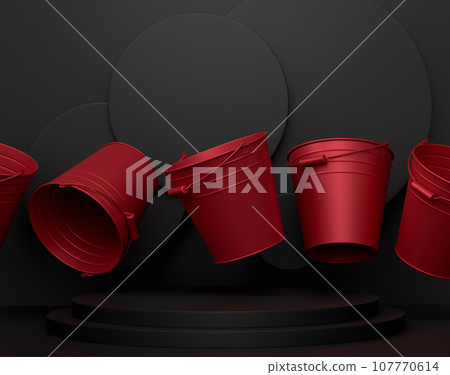 Garden equipment and supply on podium on monochrome background. 107770614