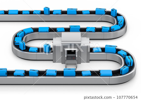 Airport luggage conveyor belt or baggage claim with X-ray scaner and suitcases Airport luggage conveyor belt or baggage claim with X-ray scaner and suitcases 107770654