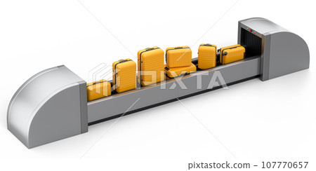 Airport luggage conveyor belt or baggage claim area with suitcases on white. Airport luggage conveyor belt or baggage claim area with suitcases on white. 107770657