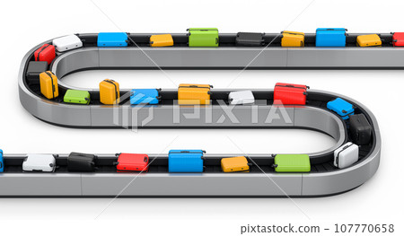 Airport luggage conveyor belt or baggage claim area with suitcases on white. Airport luggage conveyor belt or baggage claim area with suitcases on white. 107770658