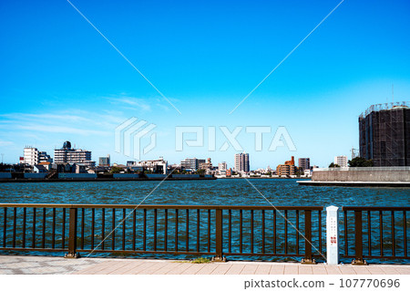流經東京葛飾區的中川河兩岸的風景在秋天的天空中閃閃發光 107770696