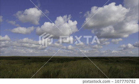 Summer landscape with field of grass,blue sky timelapse. Green Grass Field Landscape with fantastic clouds in the background. Great summer landscape. 107770782