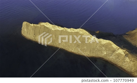 Aerial view of island. Shot. Beautiful sandy island. Ocean, sky, sea 107770949