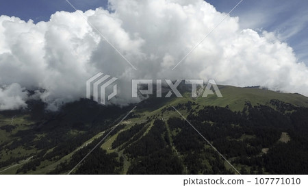 View of the Valley in early morning aerial view. Aerial view drone flying in the valley with pine tree forest in the mountain range 107771010