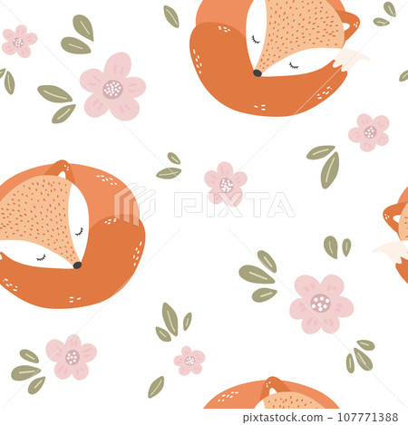 Cute fox pattern. Seamless background with funny baby animal. Repeating print with lovely character. 107771388