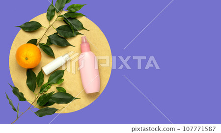 nature tropical green ficus leaf, cosmetic bottles, tools, round, range isolated on background nature tropical green ficus leaf, cosmetic bottles, tools, round, range isolated on background 107771587