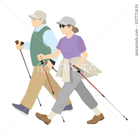 北歐式健走，男人和女人拄著拐杖行走 107771616