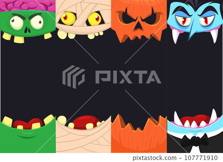 Halloween funny faces set of four characters. Cartoon heads of grim reaper, pumpkin Jack o lntern zombie, vampire and mummy. Vector illustration isolated. Party decoration design Halloween funny faces set of four characters. Cartoon heads of grim reaper, pumpkin Jack o lntern zombie, vampire and mummy. Vector illustration isolated. Party decoration design 107771910