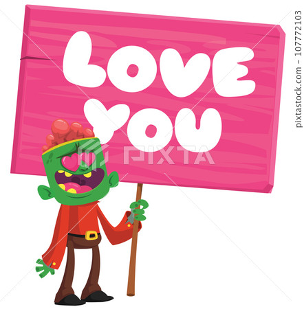 Cartoon zombie holding wooden sign. Vector illustration isolated. Halloween design element for banner, postcard, poster. Cartoon zombie holding wooden sign. Vector illustration isolated. Halloween design element for banner, postcard, poster. 107772103