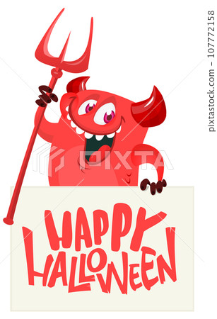 Red devil hand holding white sheet and trident. Satan holds and signboard. Halloween party illustration. 107772158