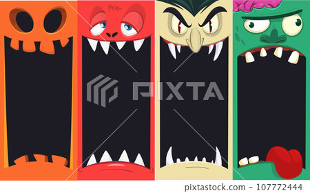 Halloween funny faces set of four characters. Cartoon heads of grim reaper, pumpkin Jack o lntern zombie, vampire and mummy. Vector illustration isolated. Party decoration or package design. 107772444