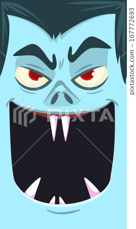 Happy Halloween. Count Dracula face avatar. Cute cartoon vampire character with big open mouth, tongue, fangs. Happy Halloween. Count Dracula face avatar. Cute cartoon vampire character with big open mouth, tongue, fangs. 107772693