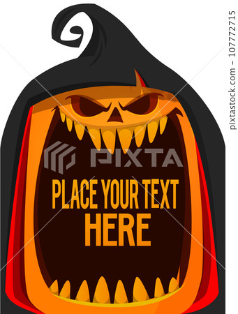 Halloween pumpkin head with scary face expression. Vector cartoon illustration of glowing jack-o-lantern monster character design with carved emotion isolated on the black background. 107772715