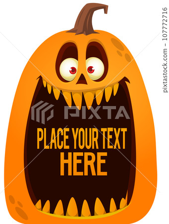 Halloween pumpkin head with scary face expression. Vector cartoon illustration of glowing jack-o-lantern monster character design with carved emotion isolated on the black background. Halloween pumpkin head with scary face expression. Vector cartoon illustration of glowing jack-o-lantern monster character design with carved emotion isolated on the black background. 107772716