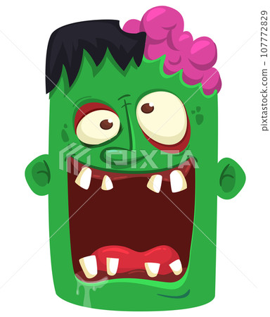 Cartoon angry zombie head. Halloween vector illustration of funny zombie moaning with wide open mouth full of teeth. Cartoon angry zombie head. Halloween vector illustration of funny zombie moaning with wide open mouth full of teeth. 107772829