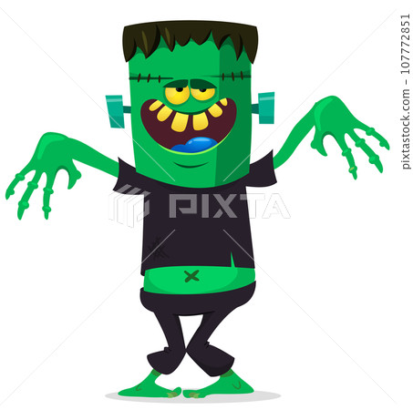 Cartoon funny green zombie with pink brains outside of the head. Halloween vector illustration isolated 107772851