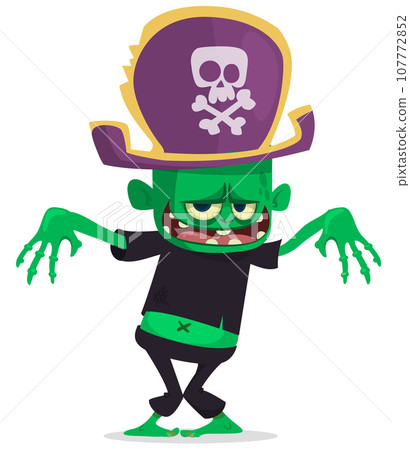Cartoon funny green zombie with pink brains outside of the head. Halloween vector illustration isolated 107772852