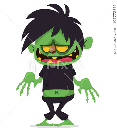 Cartoon funny green zombie with pink brains outside of the head. Halloween vector illustration isolated 107772853