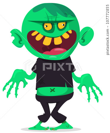 Cartoon funny green zombie with pink brains outside of the head. Halloween vector illustration isolated 107772855