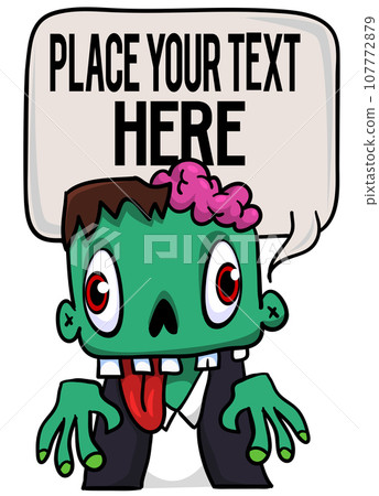 Cartoon zombie holding blank paper banner for text. Vector illustration. Isolated on the white background. Halloween design element for banner, postcard, poster 107772879