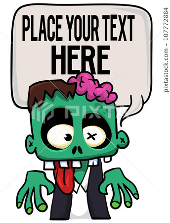 Cartoon zombie holding blank paper banner for text. Vector illustration. Isolated on the white background. Halloween design element for banner, postcard, poster Cartoon zombie holding blank paper banner for text. Vector illustration. Isolated on the white background. Halloween design element for banner, postcard, poster 107772884