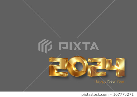 2024 golden 3D numbers, Happy New Year banner Christmas theme. Holiday design for greeting card, invitation, calendar, party, gold luxury vip, vector isolated on gray background 107773271