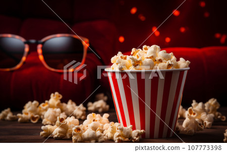Popcorn in striped bucket and 3d glasses. Cinema concept Popcorn in striped bucket and 3d glasses. Cinema concept 107773398