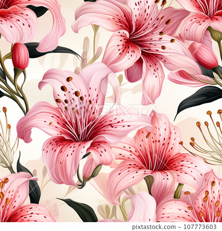 Seamless pattern, Nerine Lily flowers , vintage style , water color design , AI generated 107773603