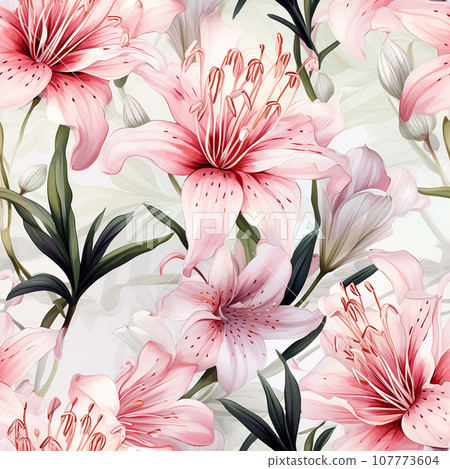 Seamless pattern, Nerine Lily flowers , vintage style , water color design , AI generated 107773604