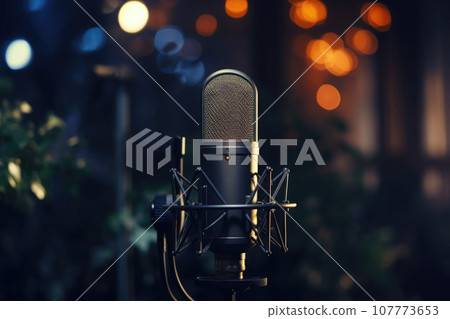 Studio condenser microphone on blurred background. Generative AI Studio condenser microphone on blurred background. Generative AI 107773653